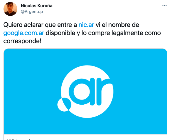 Captura del twitt de Nicolas donde dice que entro a Nic.ar y vio el nombre disponible y lo compró legalmente. 
