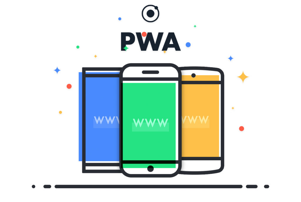 Dibujo de 3 dispositivos móviles con el texto pwa y www