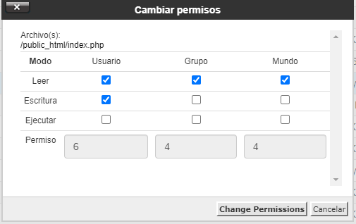 Cambiar Permisos de un archivo en cPanel